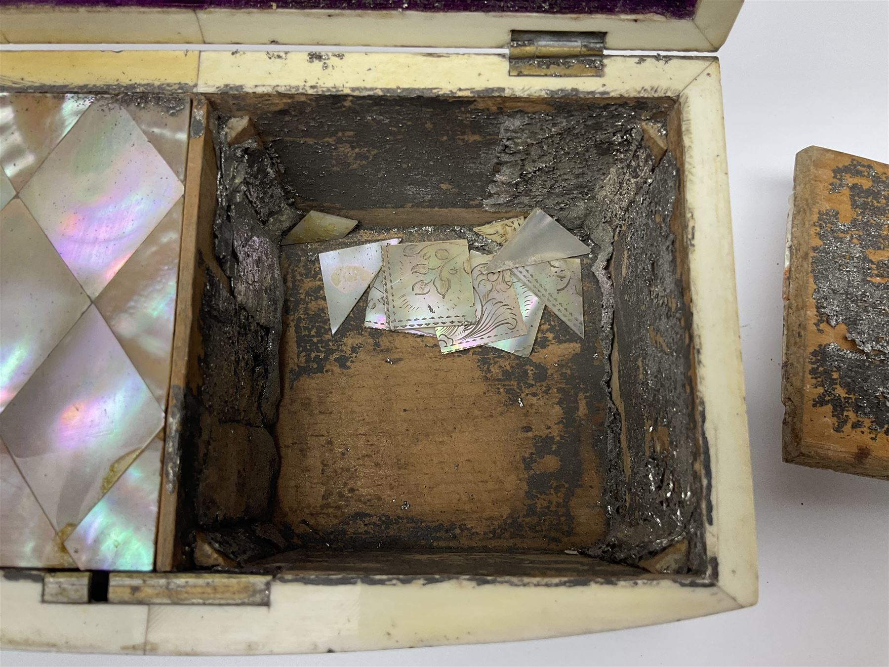 Victorian mother of pearl tea caddy, of rectangular bow-fronted form, the body with floral, bird and geometric engraved mother of pearl panels, white metal shield plaque to the cover inscribed with the initials G.J.A and similar escutcheon, the two division interior with ivory edging and two panelled mother of pearl lids, on four vegetable ivory bun feet L20cm, together with a similar style mother of pearl card case (2) This item has been registered for sale under Section 10 of the APHA Ivory Act
