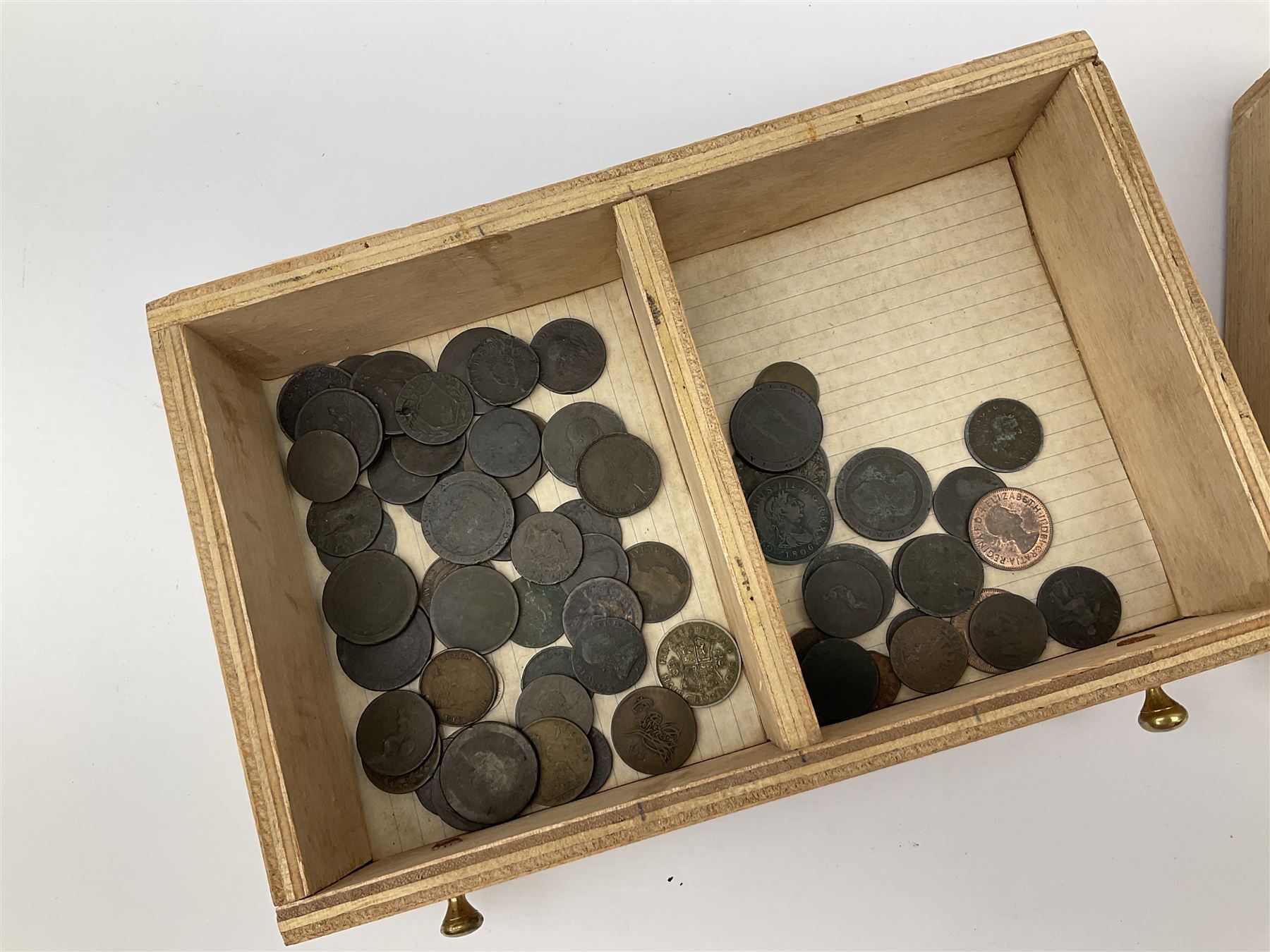Three drawer collectors cabinet with fall front containing various Great British and World coins including GB pre-decimal coins, King George III 1806 penny, cartwheel pennies etc