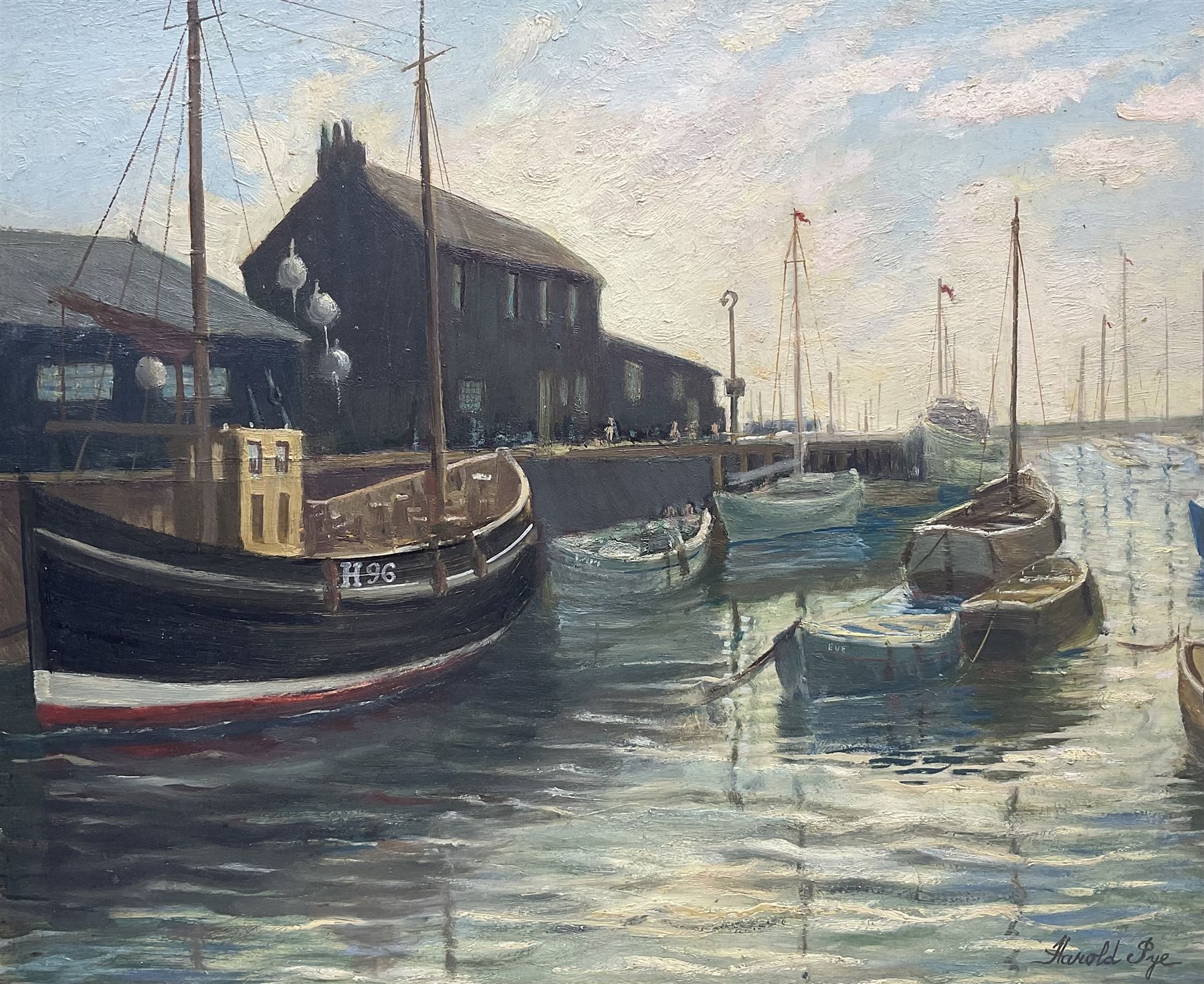 Harold Pye (Fylingdales Group mid 20th century): 'Sunrise - Bridlington Harbour', oil on board signed, titled on label verso 44cm x 54cm 