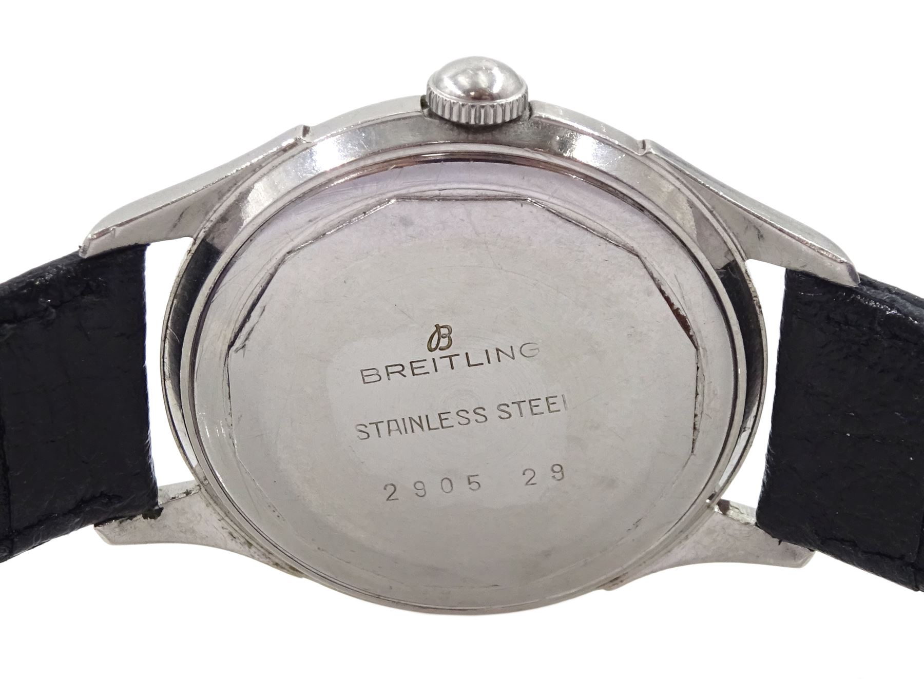 Breitling gentleman's stainless steel manual wind wristwatch, Ref. 2905 29, case No. 631598, on black leather strap