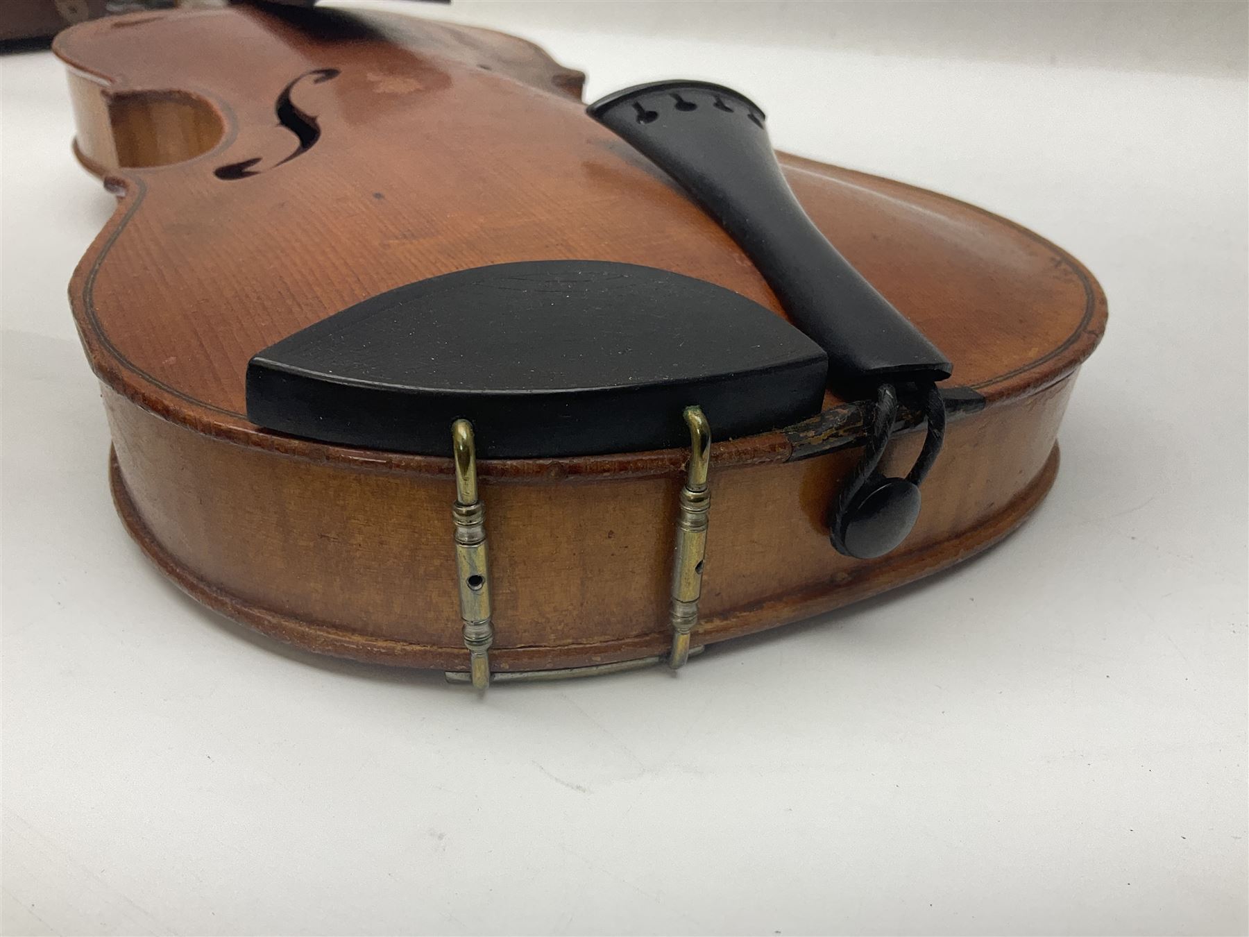 German violin c1900 stamped Stainer with 36cm two-piece maple back and ribs and spruce top L59.5cm overall; in simulated reptile skin carrying case