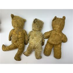 Five British teddy bears 1930s-50s including Irish Tara bear with swivel jointed head, glass eyes, vertically stitched nose and mouth, inoperative musical movement and jointed limbs H15