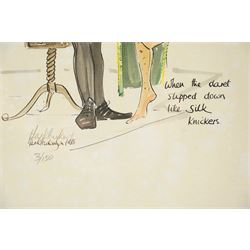 Mark Huskinson (British 1935-2018): 'Adjacent Hunts' and 'When the Claret Slipped Down like Silk Knickers', pair of limited edition prints finished with watercolour and acrylic signed and numbered 1/150 and 3/150 in pencil max 43.5cm x 30.5cm (2)