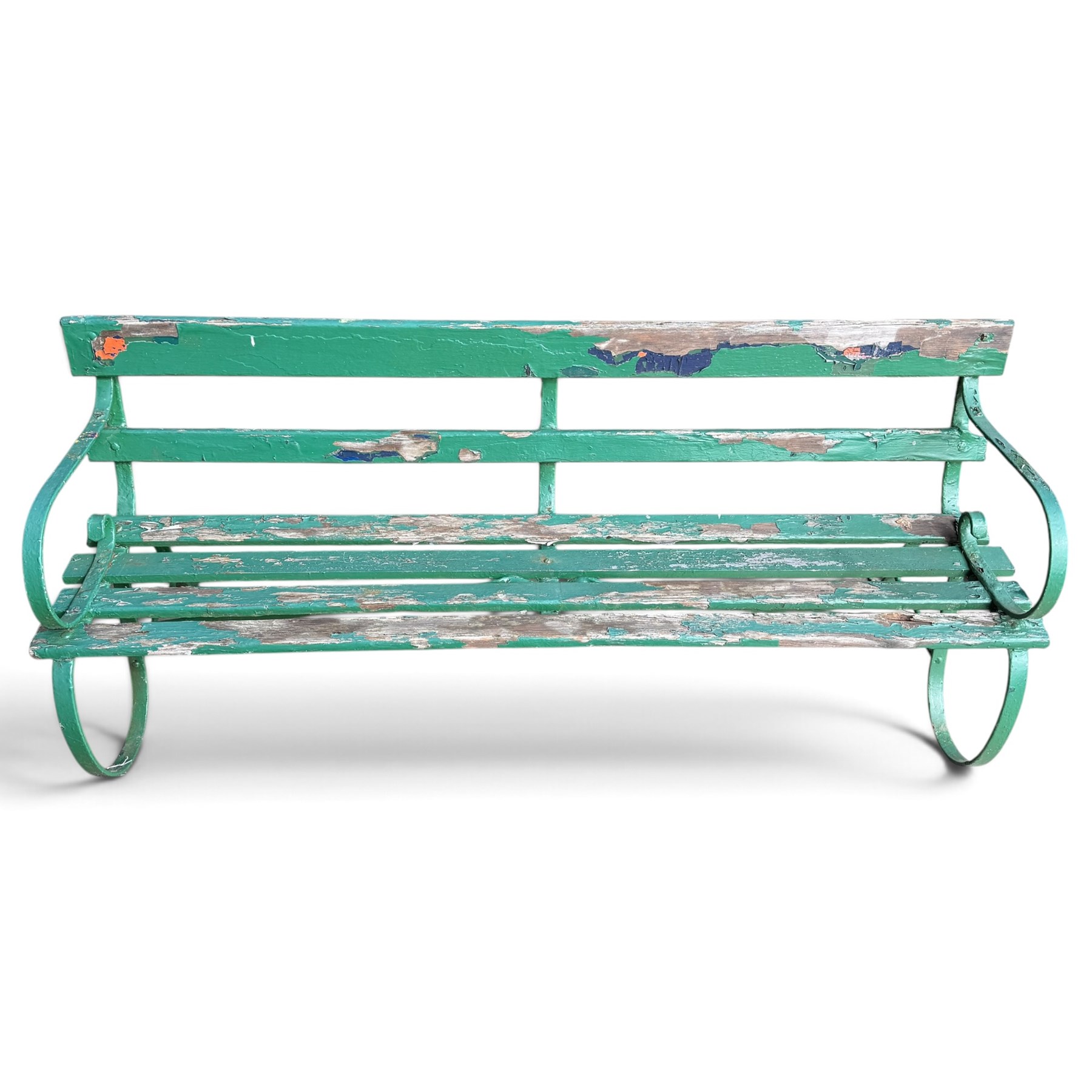 Antique Regency design green-painted wrought iron and slatted garden bench, the scrolled loop-form strapwork end supports fitted with a slatted timber back and seat