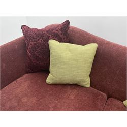 Multi-York - three seat sofa upholstered in red patterned fabric with contrasting feather scatter cushions