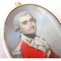 George Engleheart (British 1750-1829)
Portrait miniature upon ivory
Head and shoulder portrait of a member of the Murray family, wearing scarlet coat with white collar, lapels and cravat 
Within period gold frame with hair work verso, also bearing exhibition label inscribed 'ENGLEHEART EXN. No. 365 Lent by M. R. Margesson' 
Oval 7.5cm x 6cm

Provenance 
Sir M. R. Margesson (in 1929).
S. H. V. Hickson.
Christie's London, Miniatures, October 1998, Lot 107 

Exhibited 
Victoria and Albert Museum London, The Miniatures of George Engleheart, J. C. D. Engleheart and Thomas Richmond, 1929, no. 365.

Literature
D Foskett, A Dictionary of British Portrait Miniatures 1872, illustrated colour plate 24 no.83

George Engleheart studied at the Royal Academy Schools from 1769 under Sir Joshua Reynolds and George Barret, and regularly exhibited work at the Royal Academy between the years 1773 and 1822. 
He was appointed as Miniature Painter to King George III and is known to have painted at least twenty five portraits of the King, as well as a number of others depicting various members of the Royal family. 
Engleheart is known for his decorative style and flattering depictions, an approach which saw him gain an excellent reputation with sitters.
Today he is widely regarded as one of the most eminent portrait miniaturists of the late Georgian period. 








