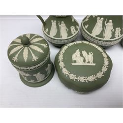 Collection of  Wedgwood green Jasperware, to include large jug, vases, trinket dishes, etc together with two teal Jasperware vases 