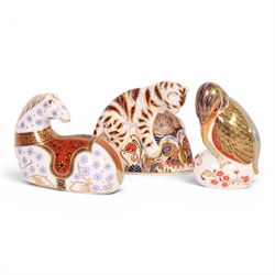 Three Royal Crown Derby paperweights, comprising Bengal Tiger Cub gold stopper, Kingfisher...