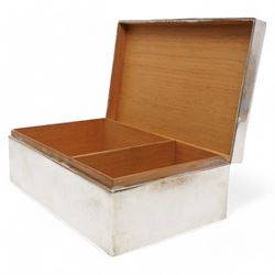 Large rectangular silver cigar box with engine turned hinged cover, vacant cartouche and divided interior 26cm x 16cm marks rubbed, Birmingham assay, Makers Sanders & Mackenzie