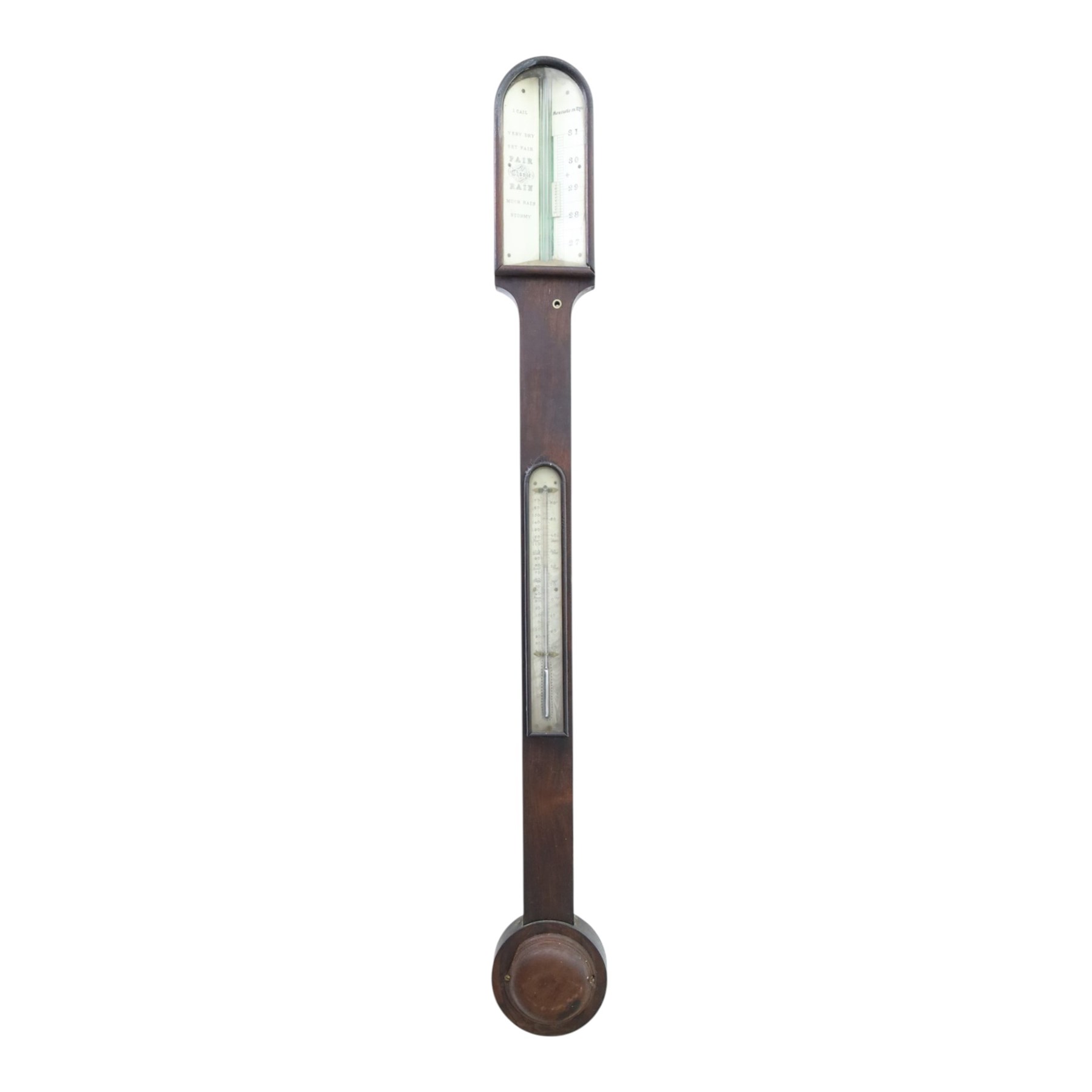 Victorian mahogany mercury stick barometer, the arched glazed register with weather indications and adjustable vernier, above a glazed thermometer and circular cistern cover, H 95cm