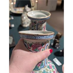 Pair of Chinese Canton famille rose vases, with panels of court terrace scenes surrounded by foliate borders, H35cm 