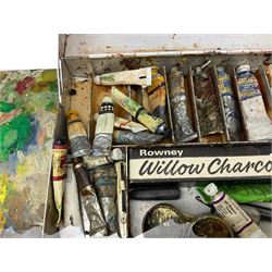 20th century Winsor & Newton aluminium artist's box, with contents: paint tubes, pallet knives, roller, and pallet. Reputedly made from metal salvaged from World War Two Spitfire.  