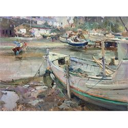  David Jan Curtis (British 1948-): 'Harbour Study - Abersoch' Wales, oil on board signed and dated '91, titled verso with personal dedication from the artist to Shirley Rigg, wife of Jack Rigg 29cm x 39cm 
Provenance: from the collection of the artist Jack Rigg (1927-2023)