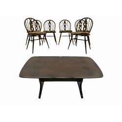 Ercol medium elm rectangular dining table and six hoop back chairs