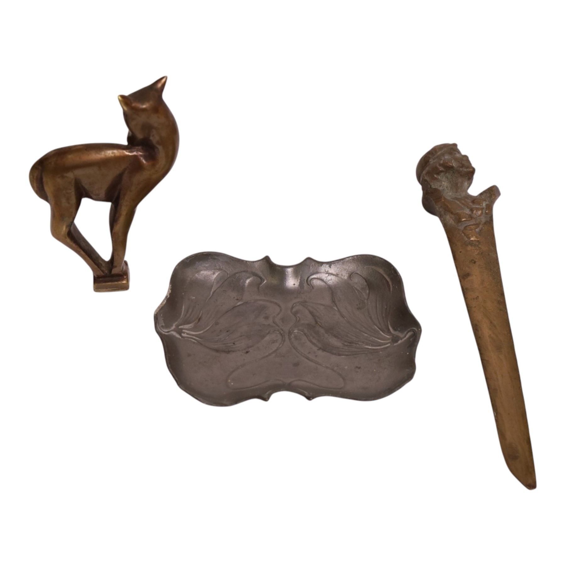 Friedrich Adler for Osiris - Jugendstil Isis pewter tray decorated with flowers, with impressed mark beneath, together with bronze letter opener and fawn figure, tray L13cm