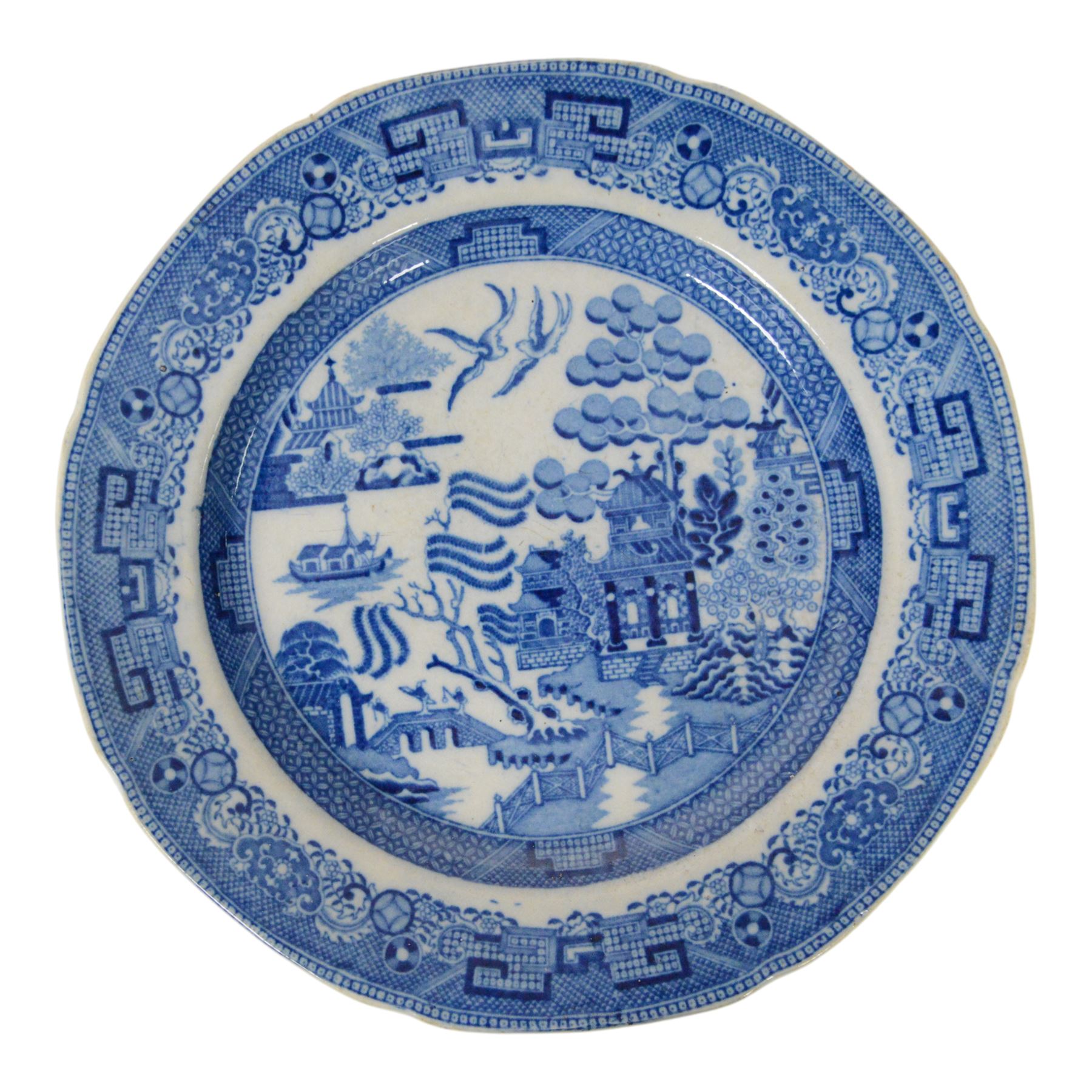 Collection of ten blue and white transfer plates, including two in Italian pattern with floral boarder, together with Willow pattern 
