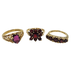  Gold garnet cluster ring, gold single stone garnet ring and a five stone garnet ring, all hallmarked 9ct  