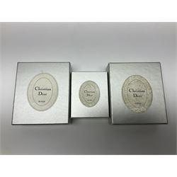 Christian Dior costume jewellery, comprising pair of pearlescent clip on earrings, enamel and paste leaf brooch and a pierced stylised leaf brooch, each stamped Chr.Dior Germany and in original boxes