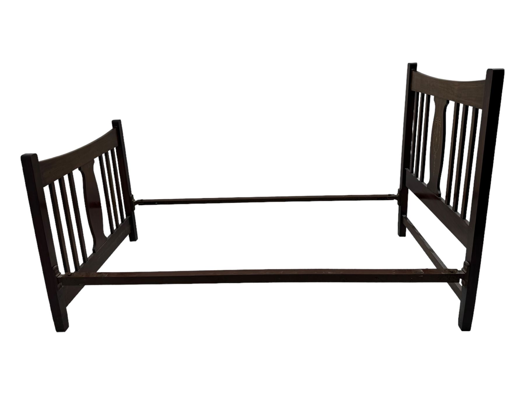 Edwardian inlaid mahogany 3' single bedstead, with headboard, footboard, wooden base and metal side supports; Giltedge 'Astrid 3000' pocket sprung mattress (L190cm, W104cm, D27cm)