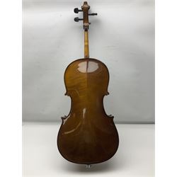 Stentor Student I quarter-size cello with 59.5cm two-piece maple back and ribs and spruce top; bears maker's label with serial no.M072648 L95.5cm overall; in Stentor soft carrying case with bow