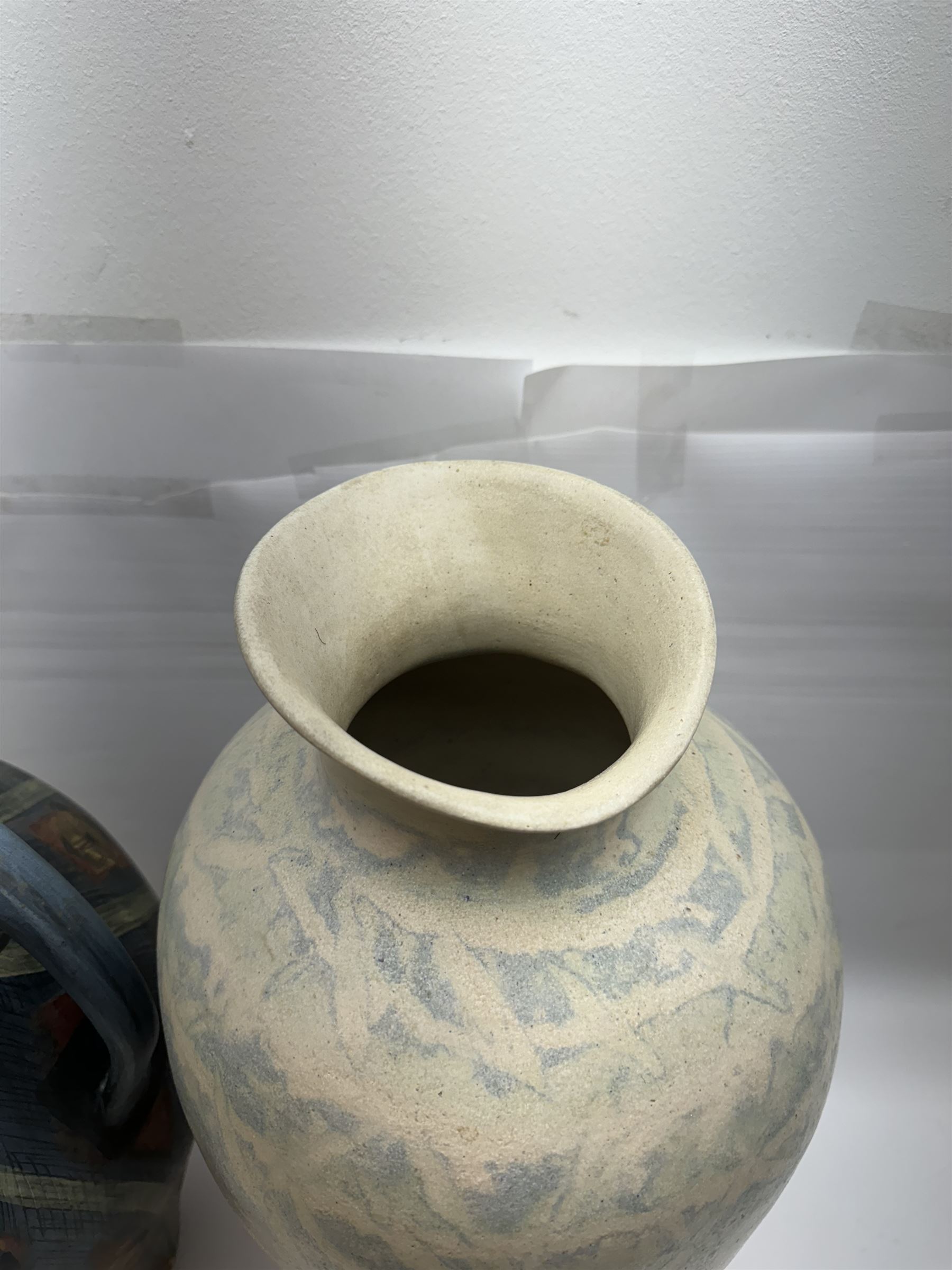 Jackie Walton; Studio pottery large jug decorated with geometric patters, together with another Jackie Walton vase, jug H52cm