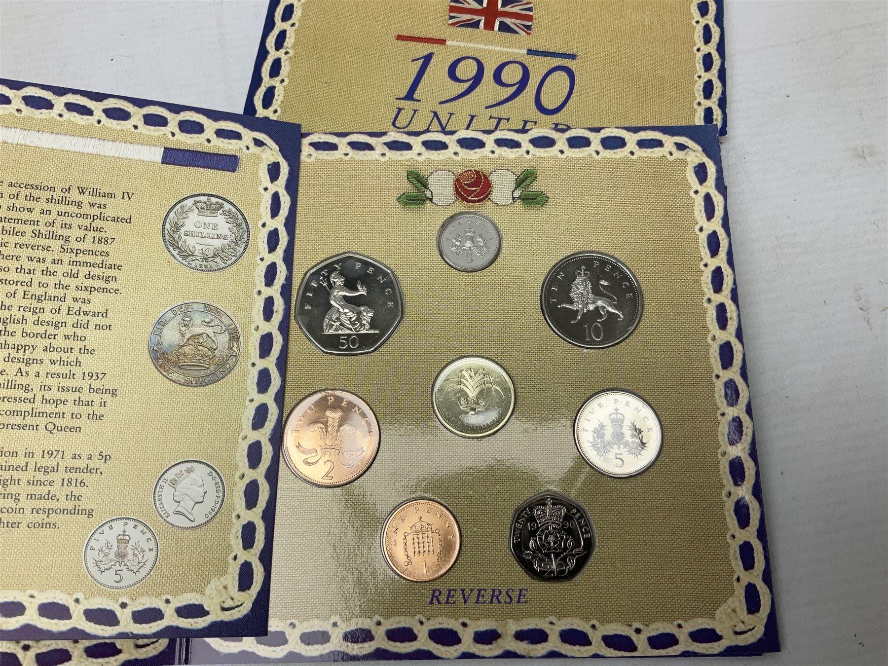 Thirteen The Royal Mint United Kingdom brilliant uncirculated coin collection dated two 1985, two 1986, two 1987, 1988, two 1989, two 1990, two 1991, all in card folders