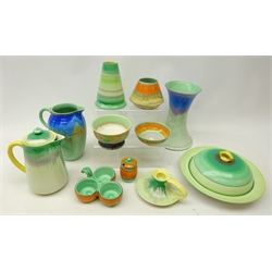  Ten pieces of Shelley Art Deco Harmony drip glaze ceramics comprising a vase of waisted trumpet form, H21cm, muffin dish & cover, part condiment set, hot water pot, bowls and other vases (10)  
