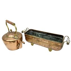 Copper planter of rectangular form with brass feet and twin handles, together with a brass mounted copper kettle, longest L54cm
