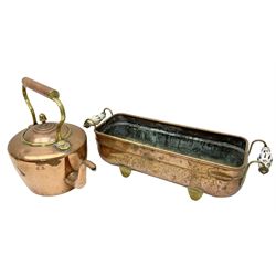 Copper planter of rectangular form with brass feet and twin handles, together with a brass mounted copper kettle, longest L54cm