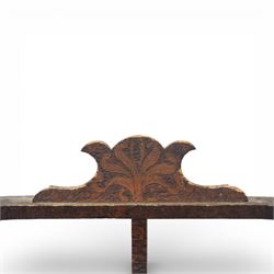Late 19th century Savonarola style oak chair, X-frame construction with carved and shaped cresting rail, the curved arms with chip carved decoration, turned horizontal supports, solid dished seat with adzed surface, raised on shaped splayed feet