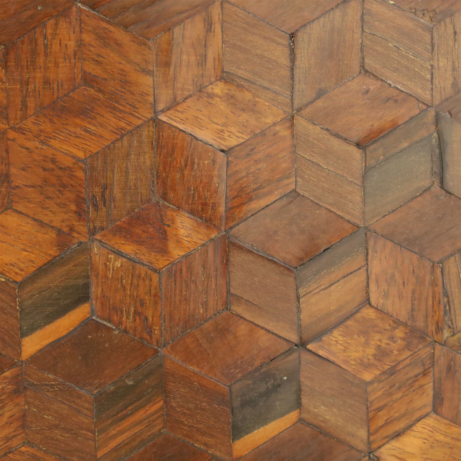 Late 18th-century Louis XV kingwood marquetry commode, rectangular top with original serpentine Breche marble top, above two long crossbanded drawers with rococo style gilt bronze handles and escutcheons in marquetry framed panel in various woods, shaped and centered apron with gilt bronze foliate mounts, sides and drawer fronts with cube geometric marquetry design, on slender cabriole legs with gilt bronze sabots  