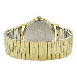 Omega gentleman's gold-plated and stainless steel manual wind wristwatch, Ref. 136.0104, Cal. 1030, silvered dial with baton hour markers and date aperture, on expanding gilt strap, boxed