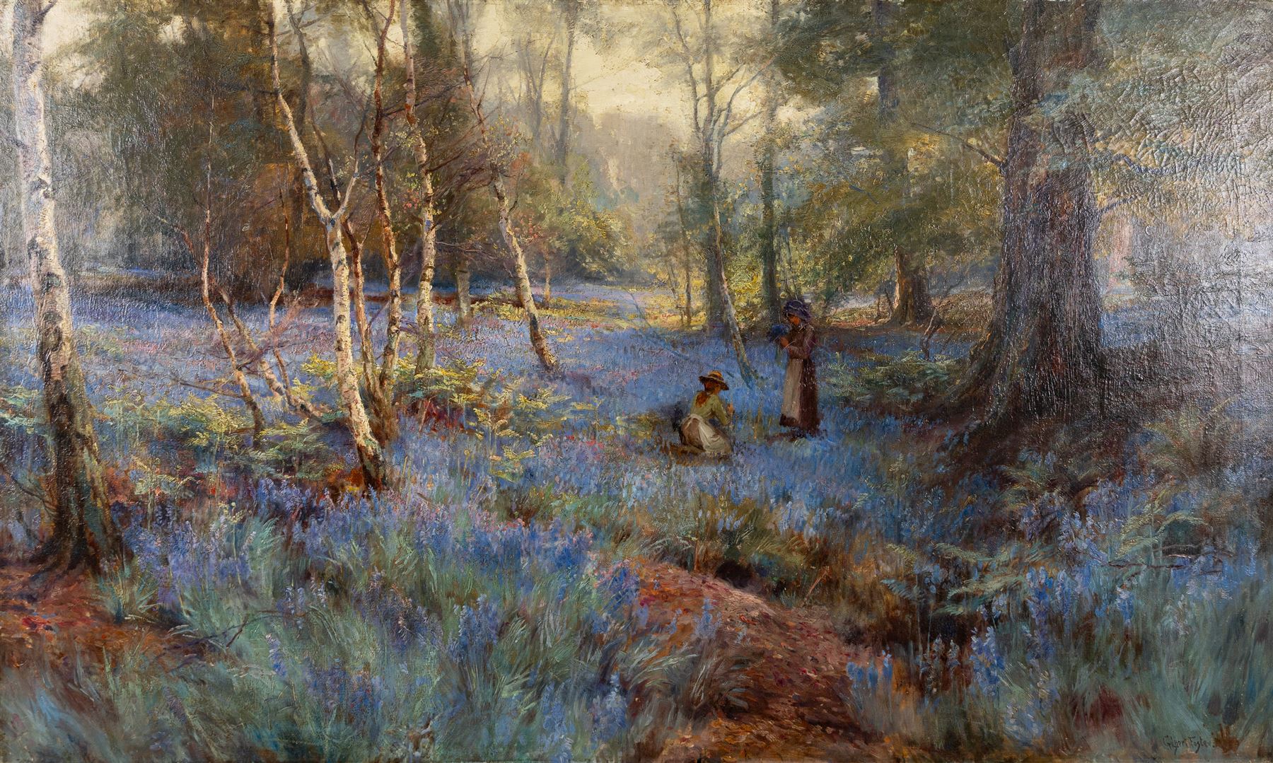 William Gilbert Foster (Staithes Group 1855-1906): The Bluebell Meadow, oil on canvas signed 75cm x 126cm 
Provenance: gifted by the artist to his pupil Hilda Annetta Walker (1877-1960), and thence by descent to the vendor, Walker's great-nephew; never been on the open market.