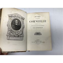 Eighteen 19th century leather bound books including Oeuvres Completes De Voltaire. 1827 Paris. Two volumes; Oeuvres De Pierre Corneille. 1892 Paris; Commentarium in Librum Geneseos Scripsit Thomas Josephus Lamy. 1883 Mechliniae; etc (18)