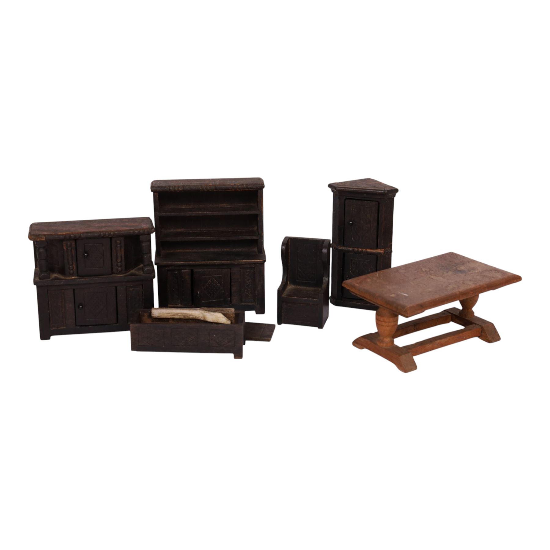 Barton Tudor style dolls house furniture, including dresser, corner cabinet, sideboard, table etc, tallest H12cm 