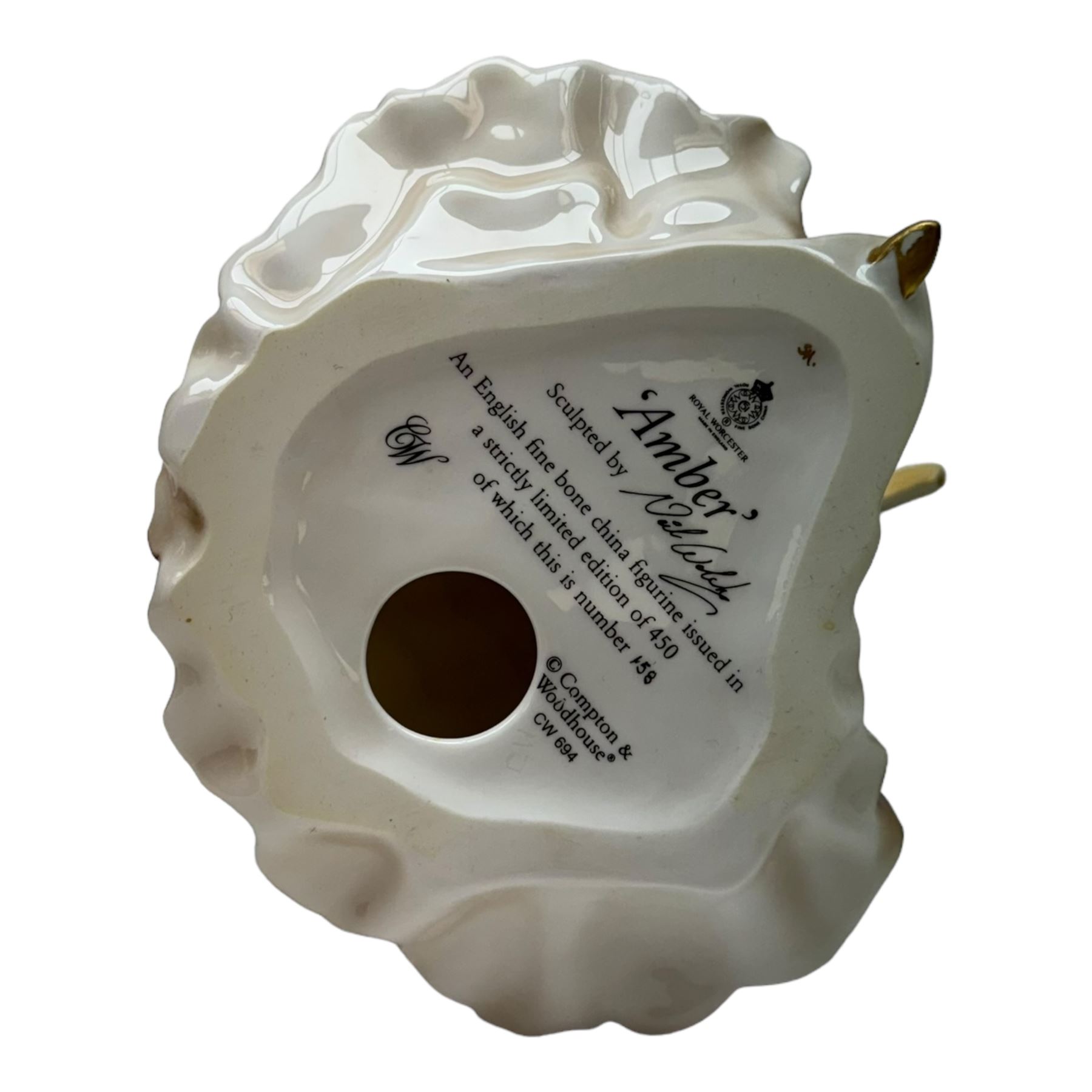 Two Royal Doulton figures, Victoria HN2471 and Wistful HN2396, together with three Royal Worcester figures Sappier, Amber and Claudia 