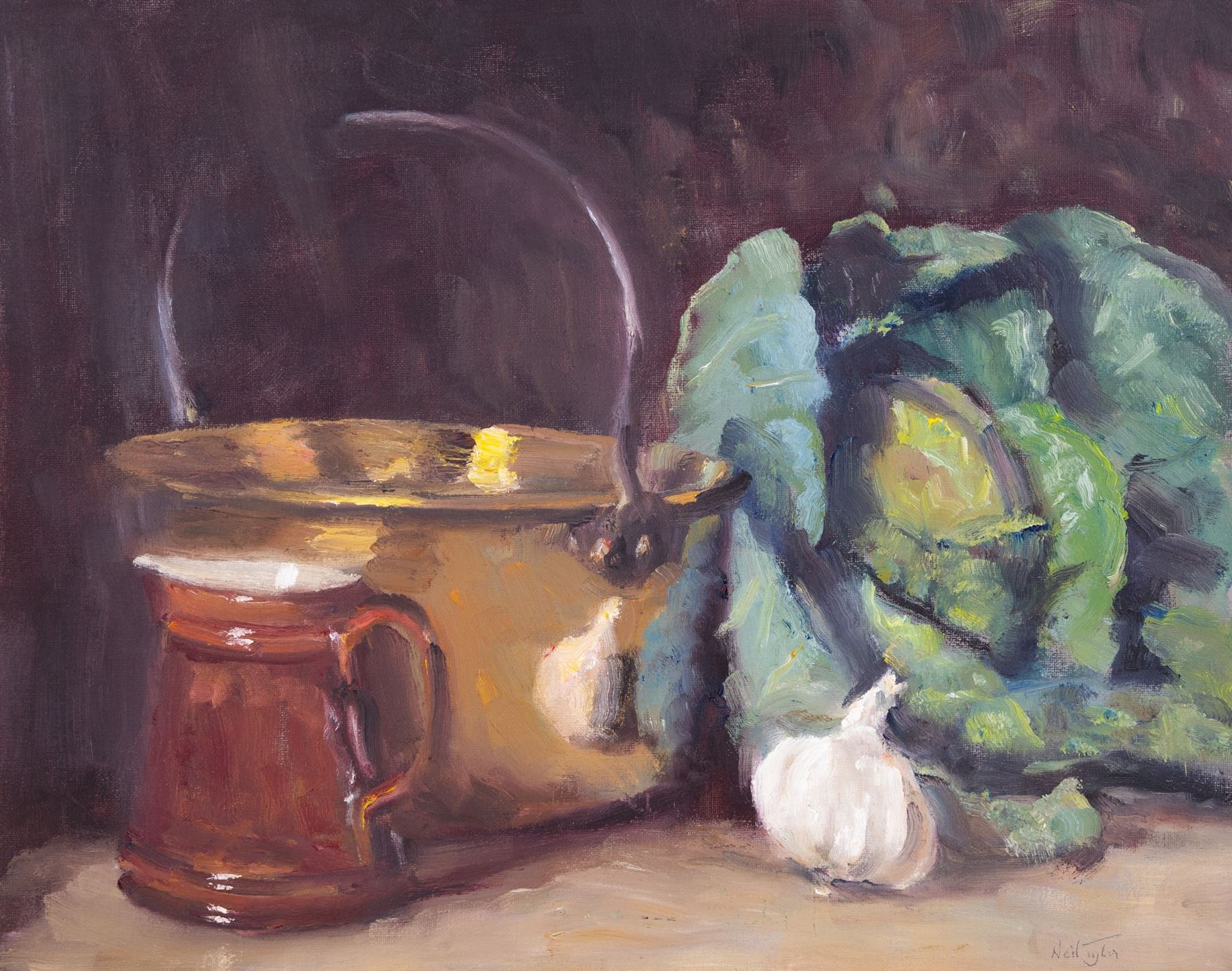 Neil Tyler (British 1945-): 'Brass Pan and Cabbage', oil on canvas signed, titled verso 40cm x 50cm 