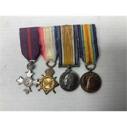 George V Military Cross miniature group of six medals comprising MC, WW1 trio including 1914 Star, Long Service and Good Conduct Medal and General Service Medal with Iraq clasp; and miniature group of four medals comprising Military OBE and WW1 trio including 1914-15 star; all with ribbons and both on pinned wearing bars