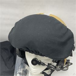 Mk.4 Flight Helmet, as used by RAF and Civilian helicopter pilots; in RAF sand colour (desert use),  fitted with cloth visor cover and working boom mike; has had a complete refit and is bench tested.