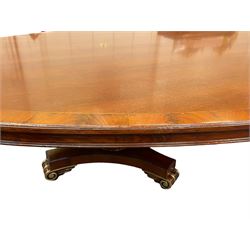 Large Neo-Classical design parcel gilt mahogany 11' 5'' boardroom or dining table, oval moulded top with figured mahogany crossband, turned and leaf carved pedestal supports on concaved triangular platforms with moulded edge, on scroll carved feet, sits sixteen