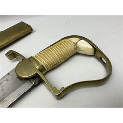 British pattern 1796 Light Cavalry Officer's sword, the 83.5cm curving steel blade marked 'W. Parker London' and 'Warranted' verso, brass stirrup hilt with half-round langets, knucklebow and backstrap with ribbed ivory grip; in brass mounted leather covered scabbard with two suspension rings L97cm overall. This item has been registered for sale under Section 10 of the APHA Ivory Act 