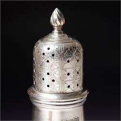 Edwardian silver baluster sugar caster with engraved pierced lid Chester 1905 Maker Haseler Bros.