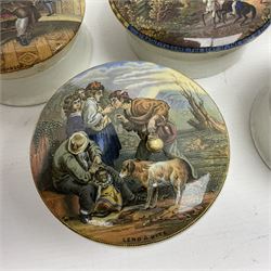 Seven 19th century Prattware pot lids with associated bases, including 'The Snow Drift', 'Strathfieldsaye The Seat of the Duke of Wellington', 'The Late Prince Consort', 'French Street Scene', Lend a Bite', 'Dr Johnson' and 'Sandringham the Seat of HRH The Prince of Wales', largest D12cm (7)