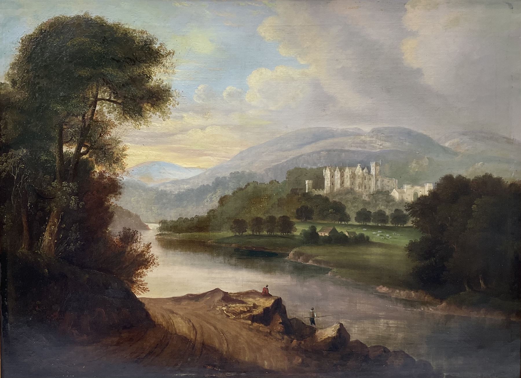 Circle of Horatio McCulloch (Scottish 1805-1867): Fisherman on the Banks of River Dee with Balmoral Castle in the distance, oil on canvas unsigned 66cm x 90cm