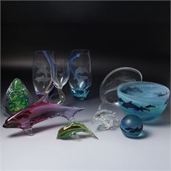 Mats Jonasson Signature Collection glass dolphin, two Caithness glass vases with dolphin d...