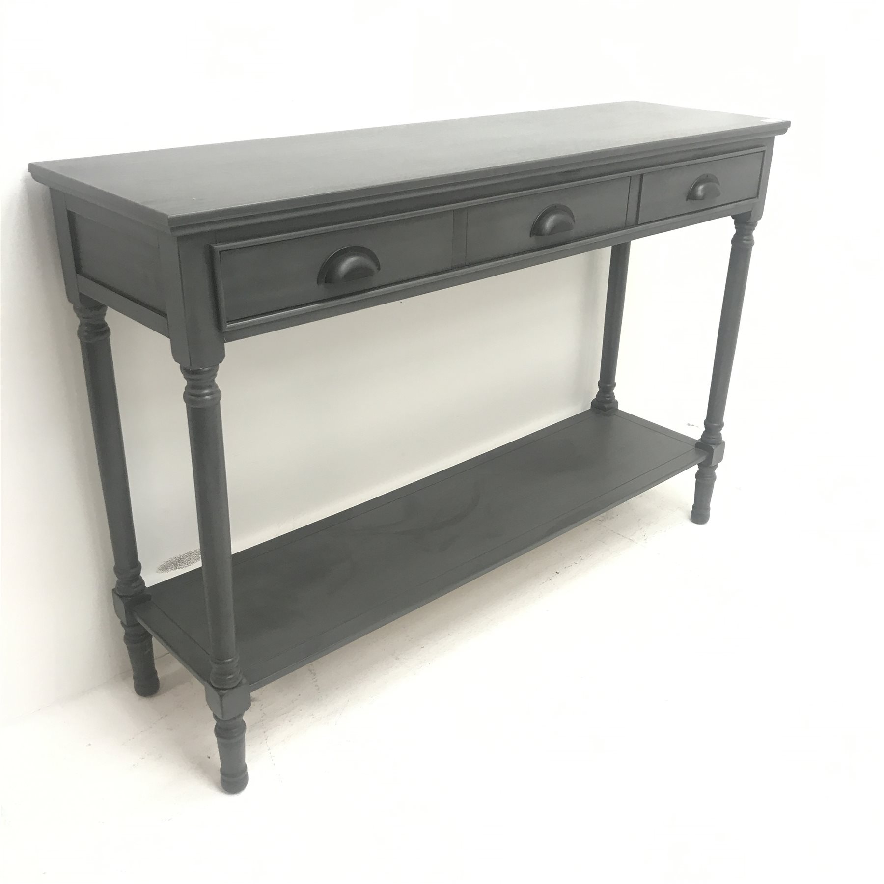21st century painted console table, three drawers, turned supports ...