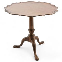 Georgian design mahogany tripod table, moulded piecrust tilt-top, turned pedestal with twi...