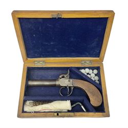 19th century percussion single barrel pocket pistol with 7cm screw-off barrel and walnut stock; approximately 45 calibre L18cm overall; in fitted oak case with modern nipple key, lead balls etc