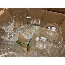 Quantity of glass to include drinking glasses, decanters, claret jug, bowls, ship bottle on wood stand etc in three boxes