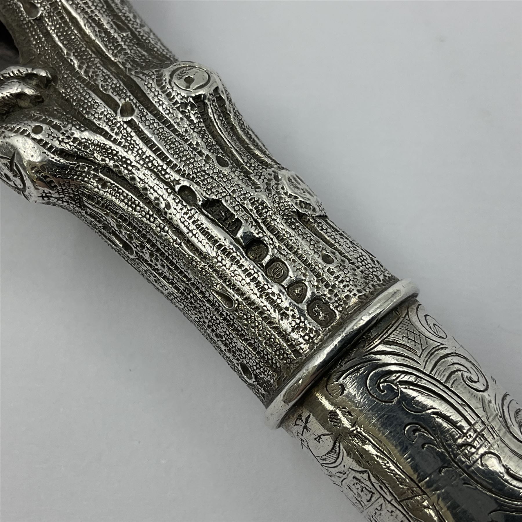Victorian silver walking cane handle, modelled as a panther upon a tree branch, hallmarked London 1851, maker's mark worn and indistict
